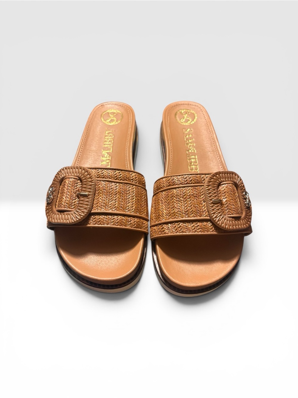 Sam and Libby Woven Buckle Slide Mules in Tan